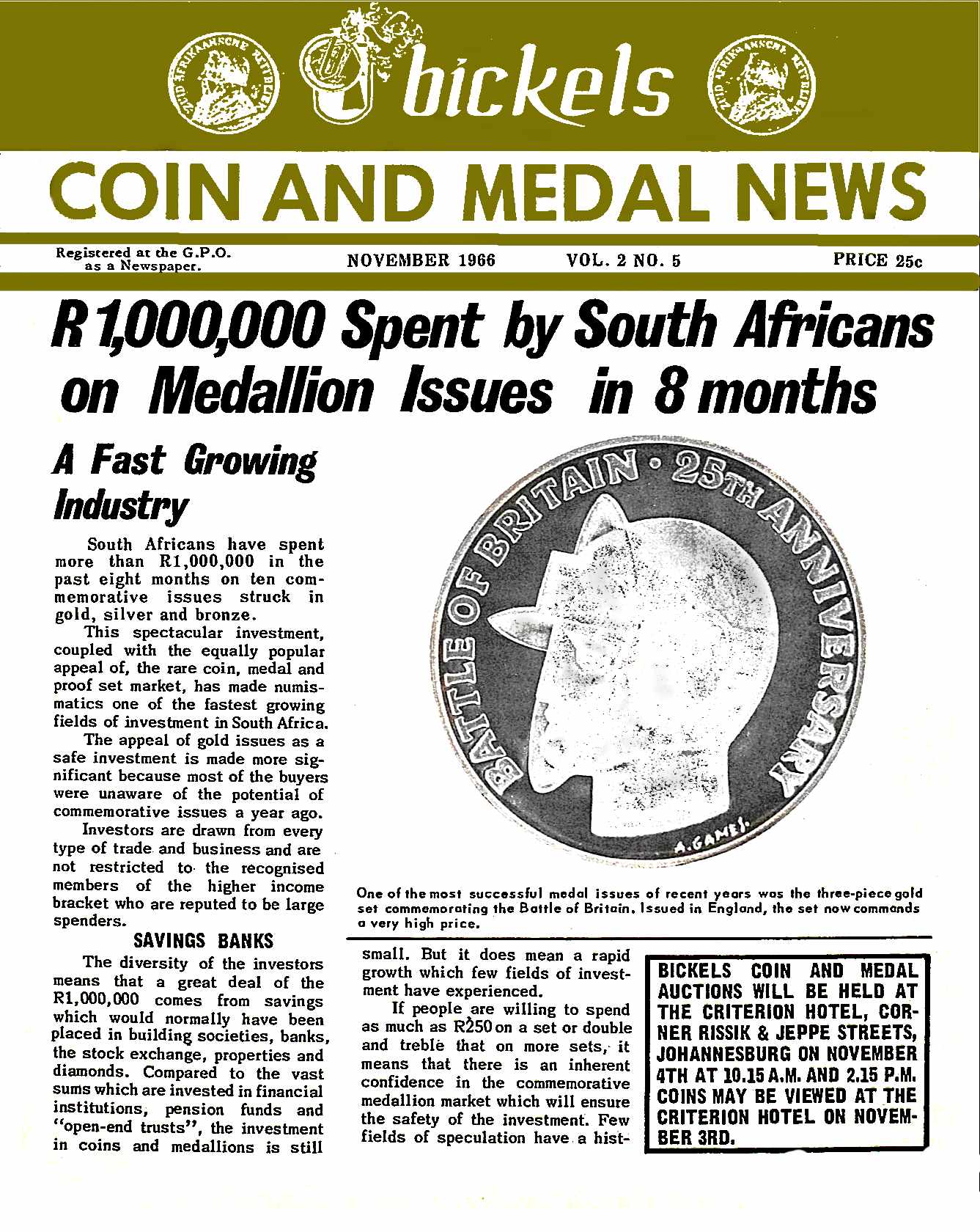 Bickels Coin & Medal News November 1966 Vol 2 No 5